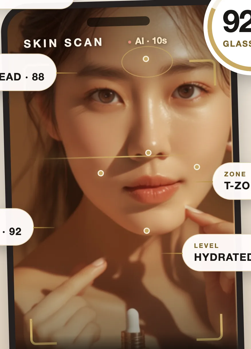 Jineo skin scan on iPhone — zone scores for forehead, T-zone and cheeks, hydration level, and an honest 0–100 glass-skin score
