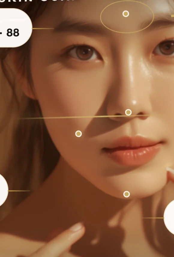 Sample skin read — zone annotations over a face: forehead, T-zone, cheek, hydration